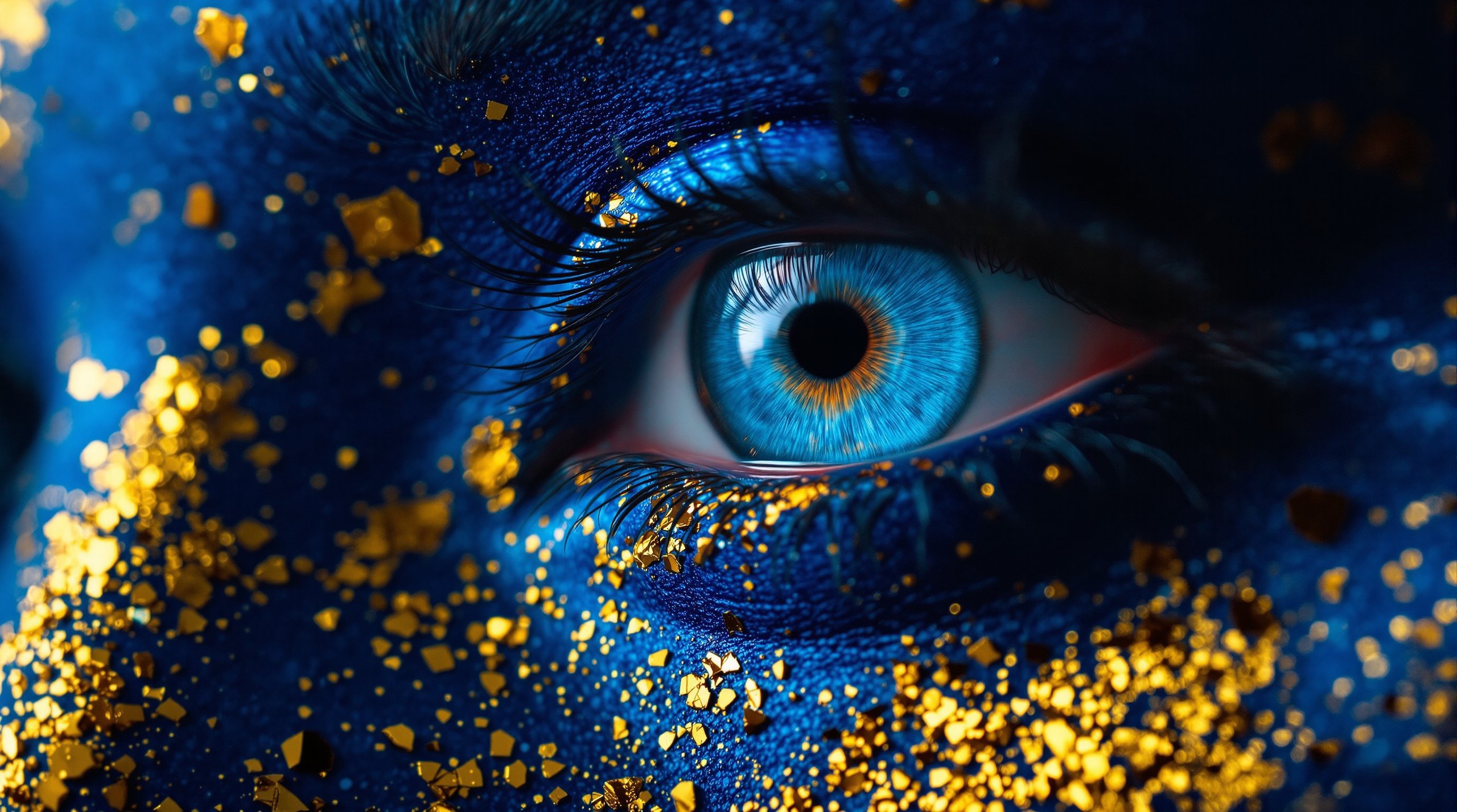 A blue and gold painted eye