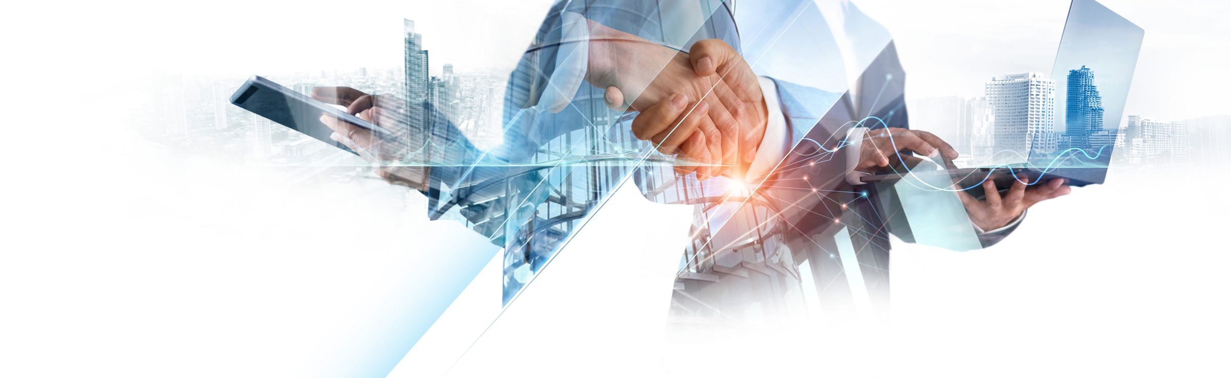 Business professionals shaking hands over a city skyline