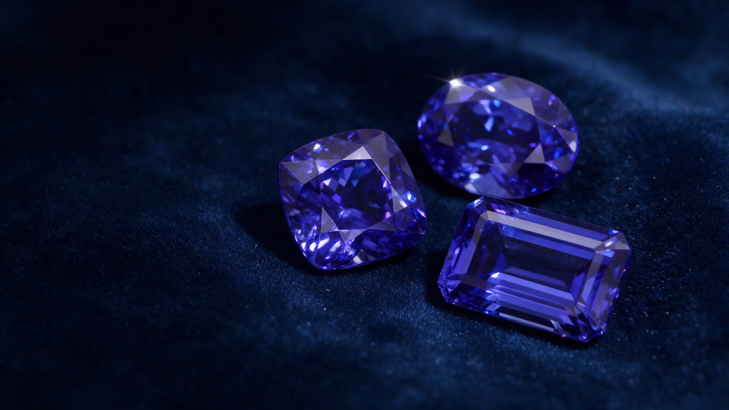 Three cut gemstones on dark blue velvet